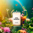 An April Showers Homesick candle set on a pedestal surrounded by flowers and native plants and grasses, set on the foreground of sprinkling rain and a rainbow