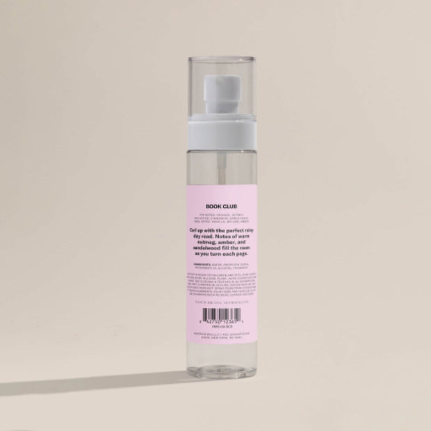 The label of the back packaging of Book club Room Spray.