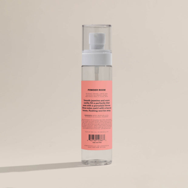 The back labeling of the Powder Room Linen Spray.