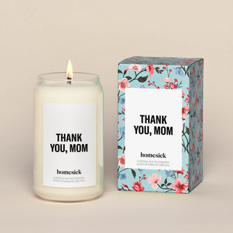 Single Thank you Mom, Candles next to the soft blue with all over floral box with a white box that reads 